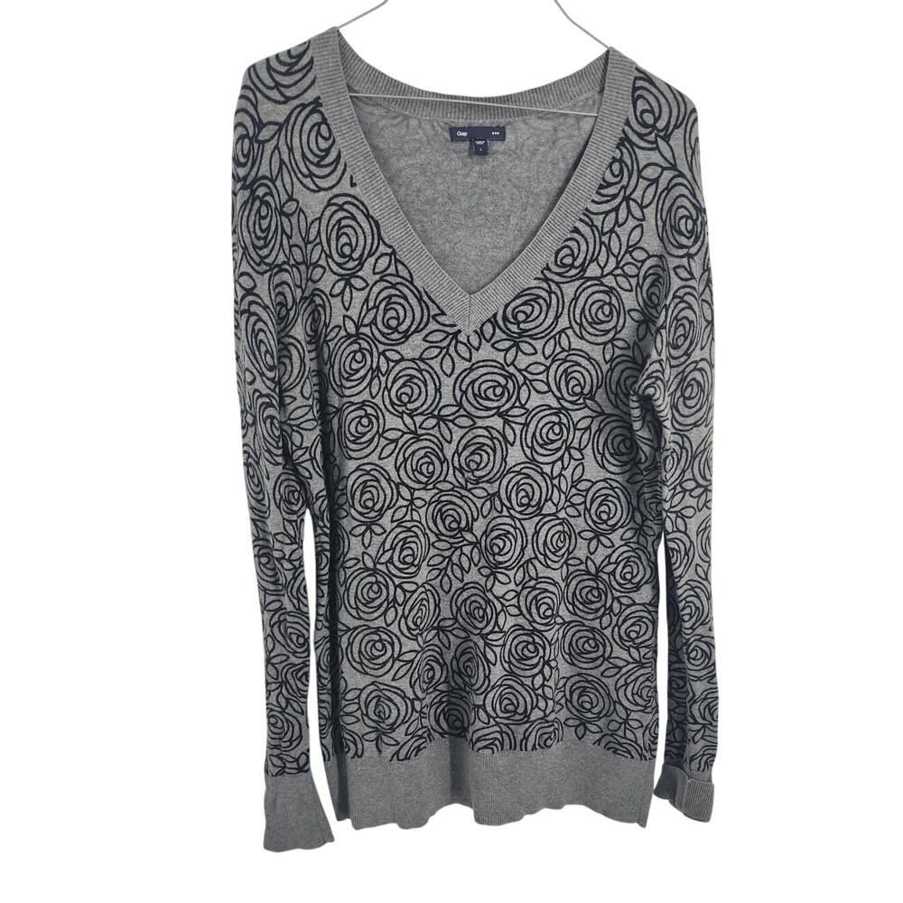 Gap Gray V-Neck Floral Sweater Womens Size Large L - Picture 1 of 3